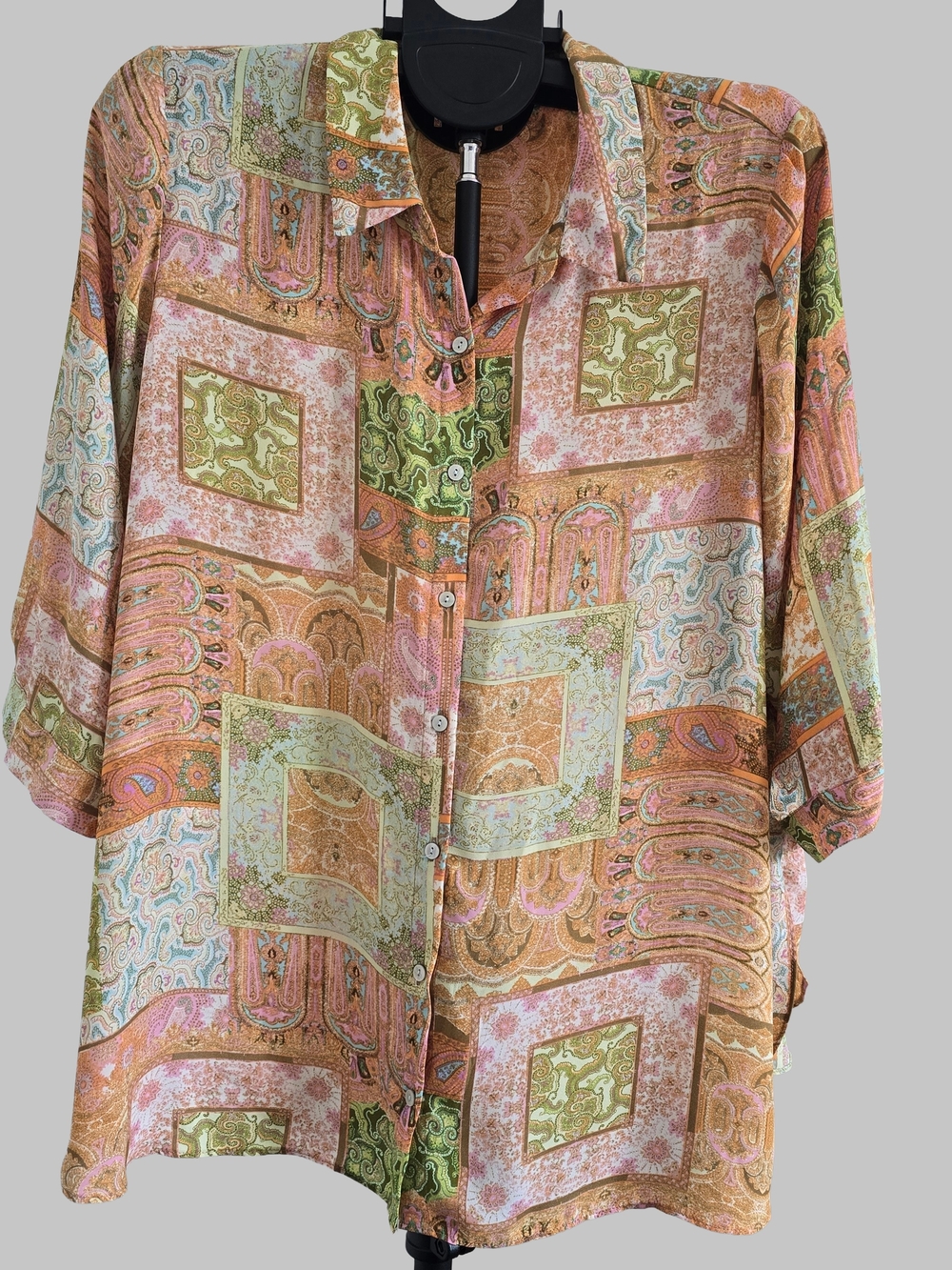 Rose & Olive Boho Patchwork Paisley Button-Up Blouse - Size 1X